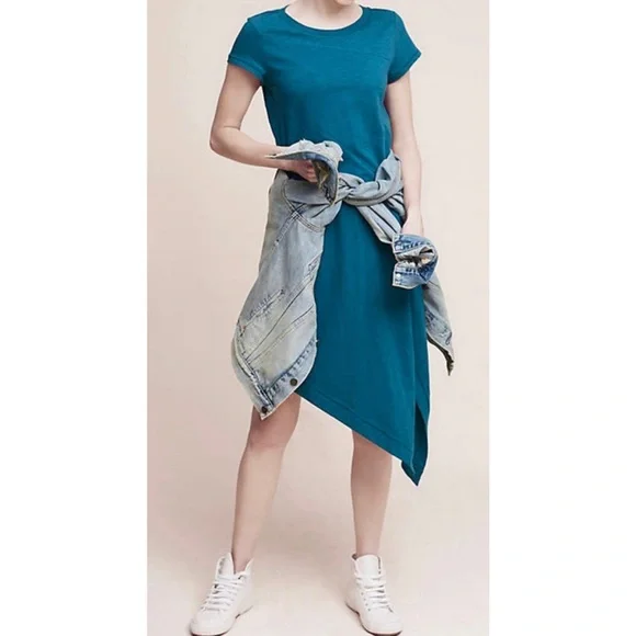 Anthropologie Teal Blue Asymmetrical Short Sleeve Pullover Knit T Shirt Dress Anthropologie Teal Blue Asymmetrical Short Sleeve Pullover Knit T Shirt Dress